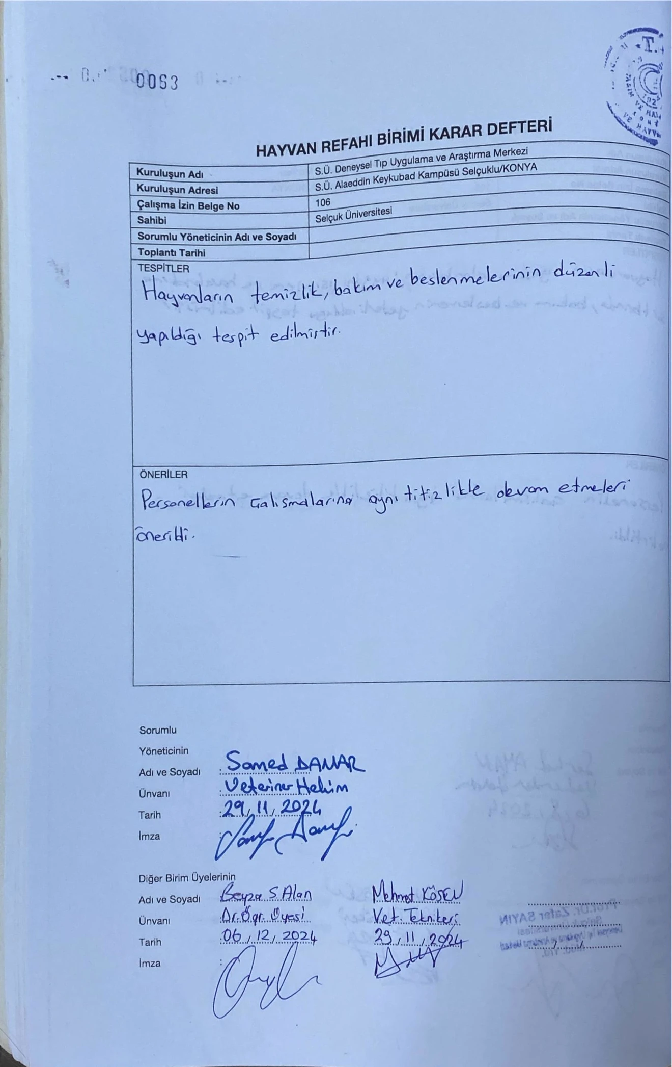 Hayvan Refah Birimi Karar Defteri